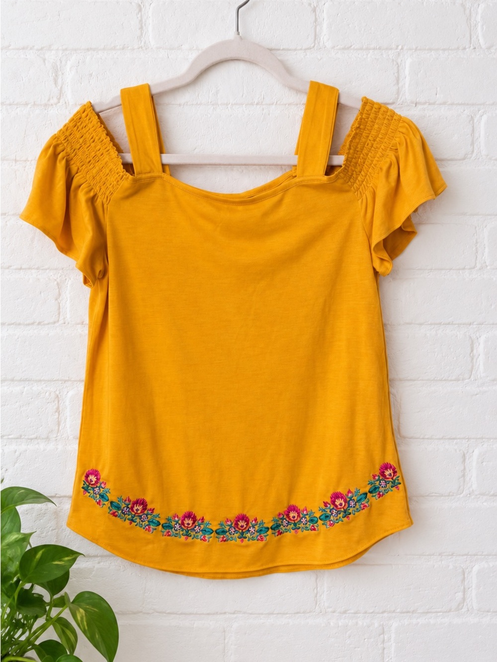 Darling Blue Mustard Yellow Embroidered Boho Flutter Sleeve cold shoulder Top M